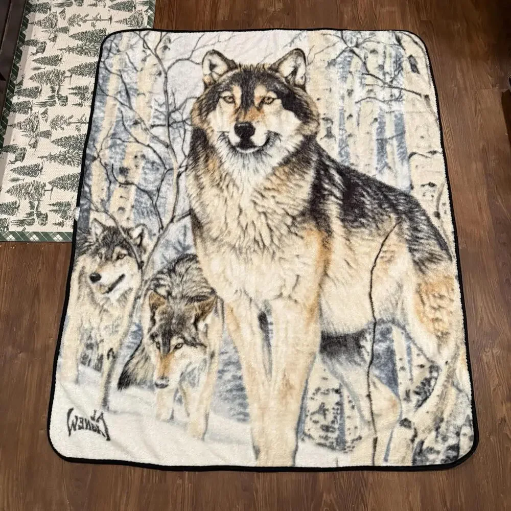Vintage 80s/90s RARE Al Agnew Snowy Wolves Wolf‎ Art Fleece Throw Blanket 60x48